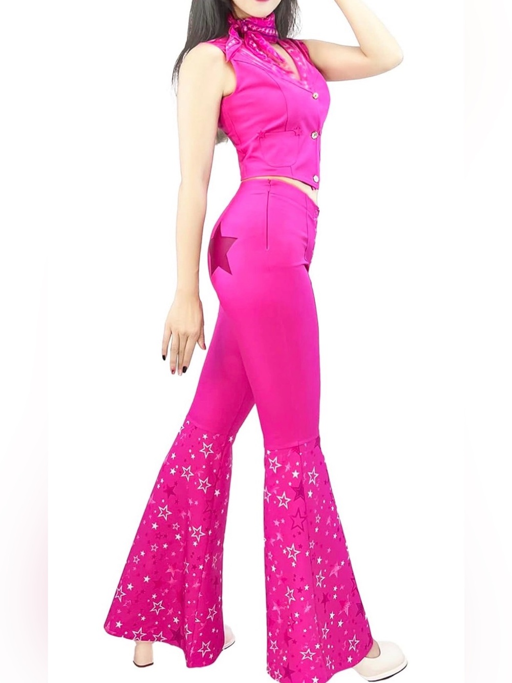Pink Cowgirl Costume Hippie Disco 70s Flare Pants Halloween Cosplay